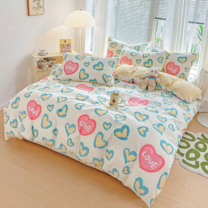 91家纺网 家纺一手货源 找家纺 羽爱家纺 2025新款A类双面印花全棉水洗床盖套件-三件套 心情-