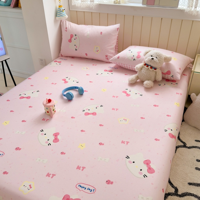 91家纺网 家纺一手货源 找家纺 曼之夏 2025新款全棉纯棉40支学生季卡通印花床单单床单床单单件 甜心猫咪