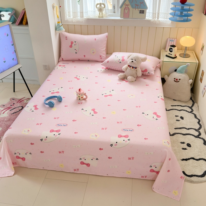 91家纺网 家纺一手货源 找家纺 曼之夏 2025新款全棉纯棉40支学生季卡通印花床单单床单床单单件 甜心猫咪