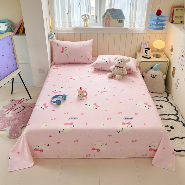 91家纺网 家纺一手货源 找家纺 曼之夏 2025新款全棉纯棉40支学生季卡通印花床单单床单床单单件 甜心猫咪