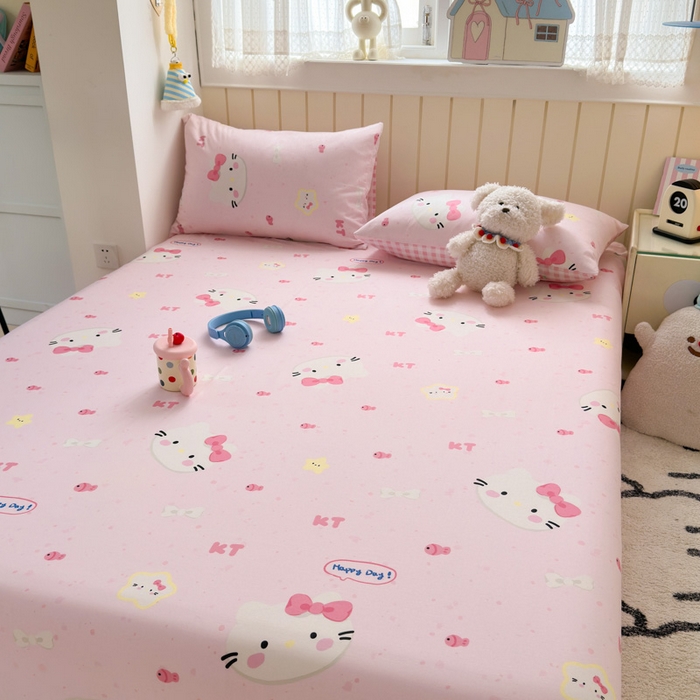 91家纺网 家纺一手货源 找家纺 曼之夏 2025新款全棉纯棉40支学生季卡通印花床单单床单床单单件 甜心猫咪