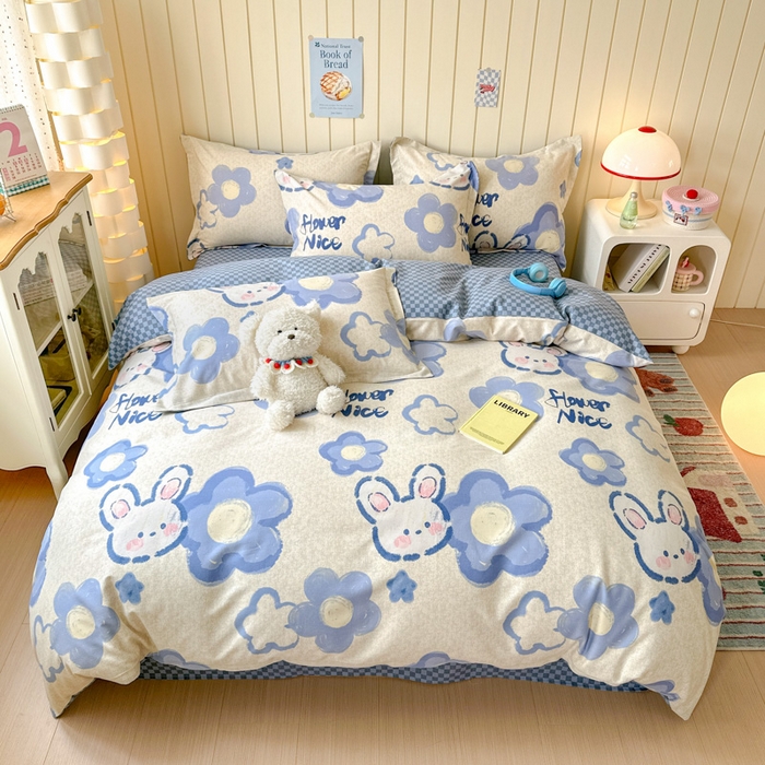 91家纺网 家纺一手货源 找家纺 曼之夏 2025新款原棉加厚磨毛印花四件套 布鲁兔