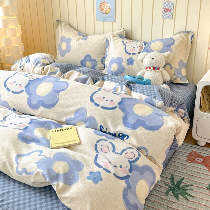 91家纺网 家纺一手货源 找家纺 曼之夏 2025新款原棉加厚磨毛印花四件套 布鲁兔