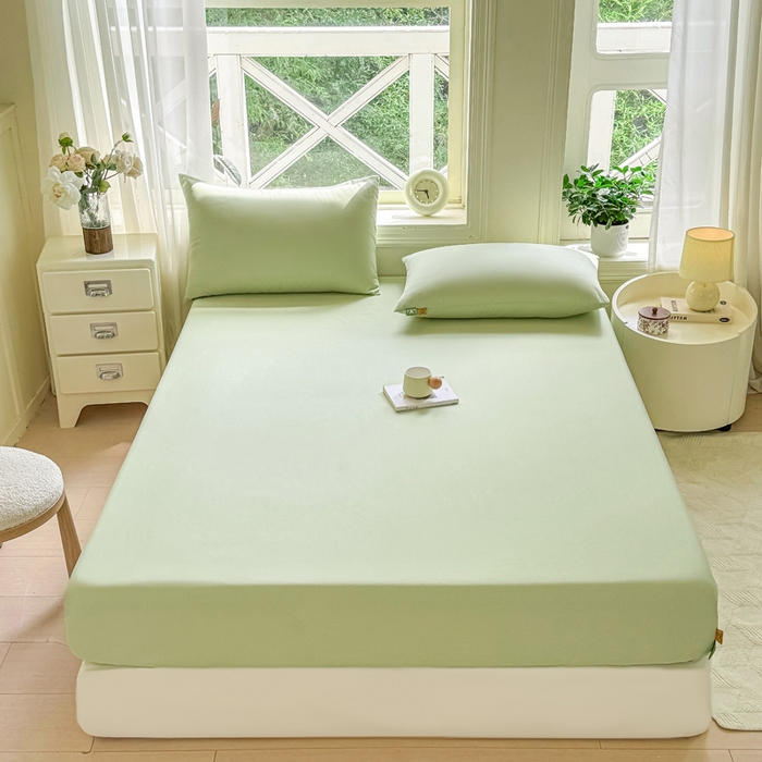 91家纺网 家纺一手货源 找家纺 凡客家居 2025新款全棉纯色简约床笠系列 嫩芽绿