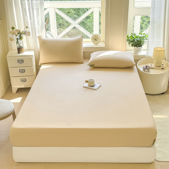 91家纺网 家纺一手货源 找家纺 凡客家居 2025新款全棉纯色简约床笠系列 奶茶