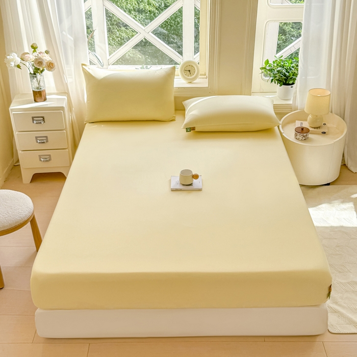 91家纺网 家纺一手货源 找家纺 凡客家居 2025新款全棉纯色简约床笠系列 茉莉黄