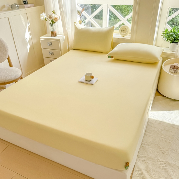 91家纺网 家纺一手货源 找家纺 凡客家居 2025新款全棉纯色简约床笠系列 茉莉黄