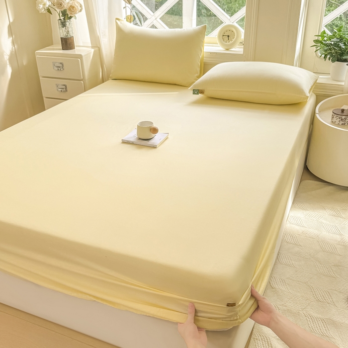 91家纺网 家纺一手货源 找家纺 凡客家居 2025新款全棉纯色简约床笠系列 茉莉黄