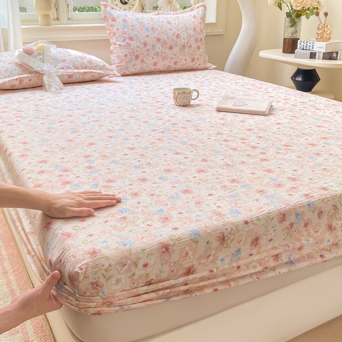 91家纺网 家纺一手货源 找家纺 丝芙妮家居（原乐视家纺） 2026新款A类皱皱纱亲肤木棉床笠-系列二粉黛