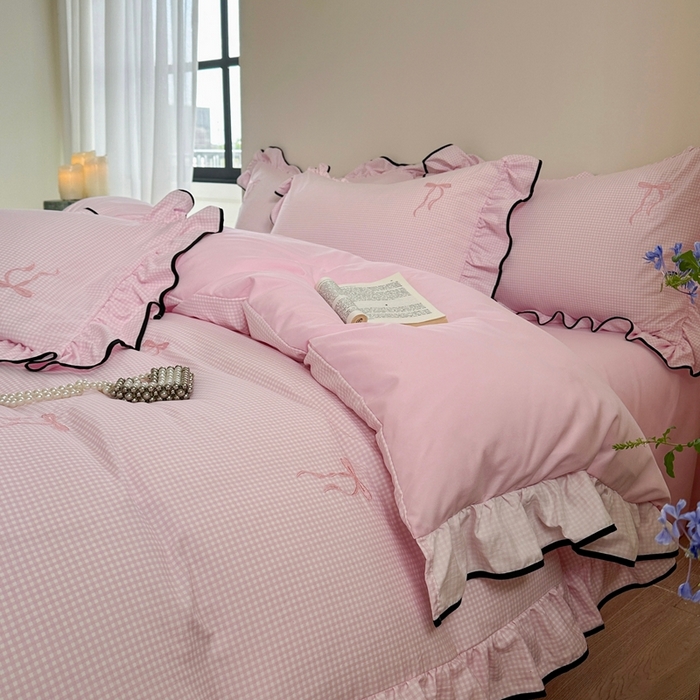 91家纺网 家纺一手货源 找家纺 优悦生活馆 2025新款水洗棉刺绣四件套-可可花园 可可花园-粉