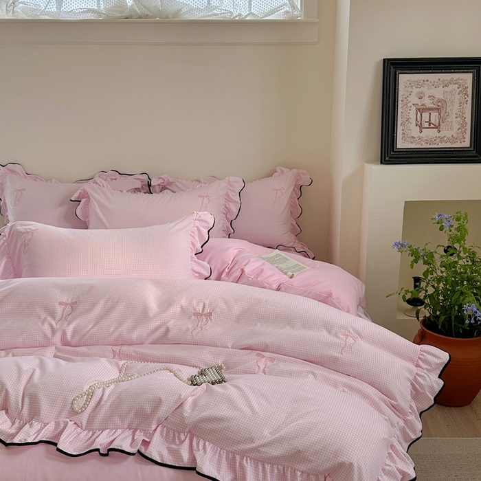 91家纺网 家纺一手货源 找家纺 优悦生活馆 2025新款水洗棉刺绣四件套-可可花园 可可花园-粉