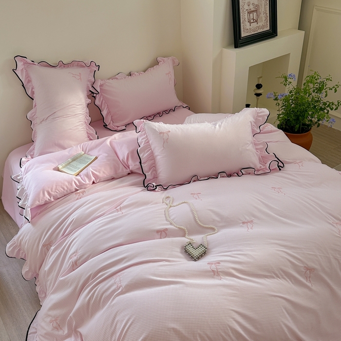 91家纺网 家纺一手货源 找家纺 优悦生活馆 2025新款水洗棉刺绣四件套-可可花园 可可花园-粉