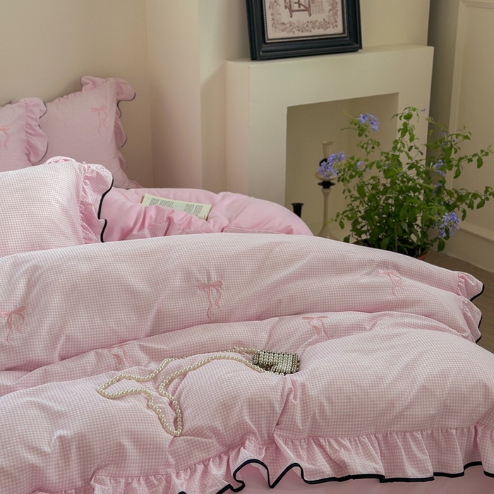 91家纺网 家纺一手货源 找家纺 优悦生活馆 2025新款水洗棉刺绣四件套-可可花园 可可花园-粉