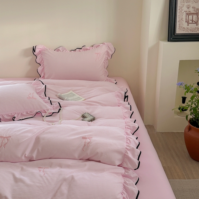 91家纺网 家纺一手货源 找家纺 优悦生活馆 2025新款水洗棉刺绣四件套-可可花园 可可花园-粉