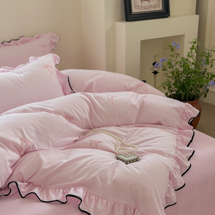 91家纺网 家纺一手货源 找家纺 优悦生活馆 2025新款水洗棉刺绣四件套-可可花园 可可花园-粉