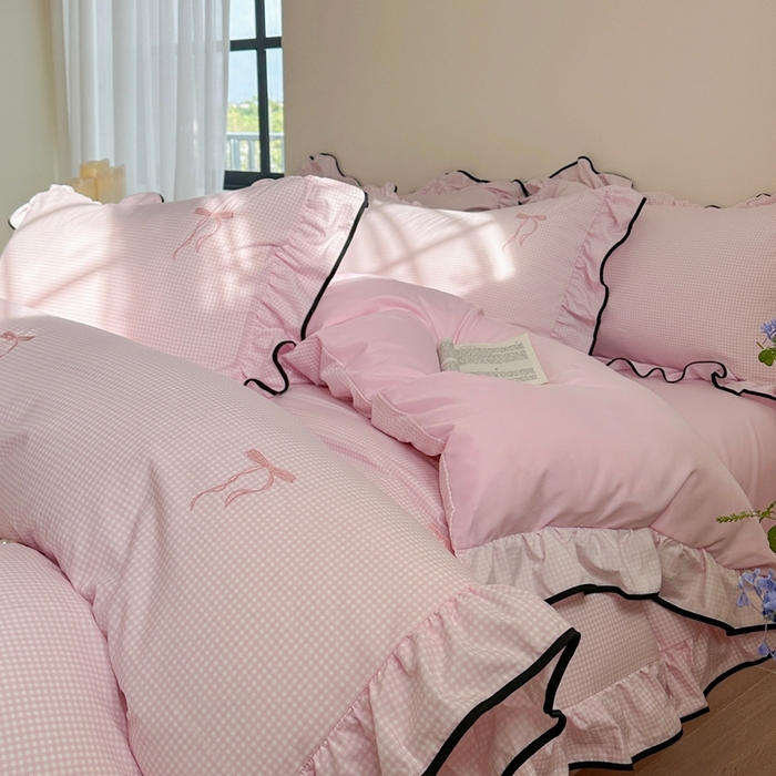 91家纺网 家纺一手货源 找家纺 优悦生活馆 2025新款水洗棉刺绣四件套-可可花园 可可花园-粉