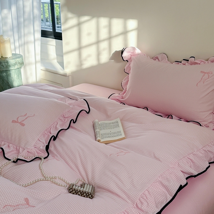 91家纺网 家纺一手货源 找家纺 优悦生活馆 2025新款水洗棉刺绣四件套-可可花园 可可花园-粉