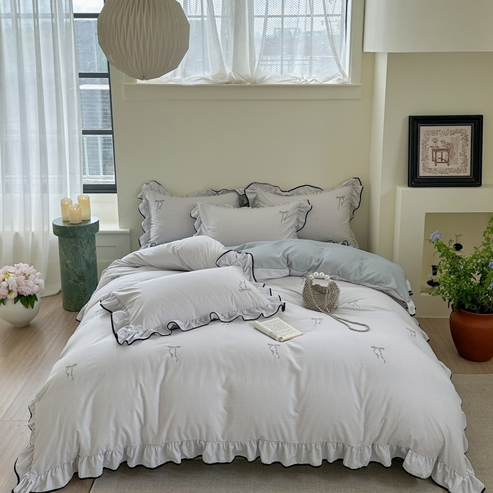 91家纺网 家纺一手货源 找家纺 优悦生活馆 2025新款水洗棉刺绣四件套-可可花园 可可花园-灰