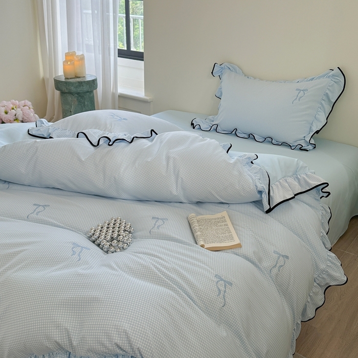 91家纺网 家纺一手货源 找家纺 优悦生活馆 2025新款水洗棉刺绣四件套-可可花园 可可花园-蓝