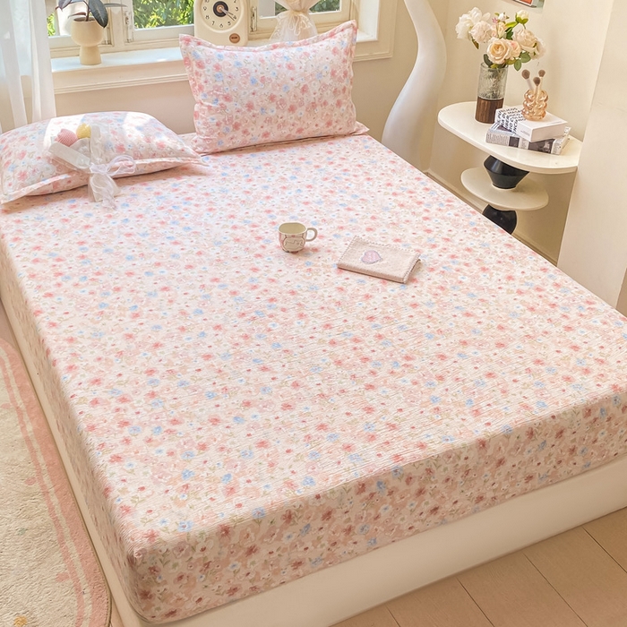 91家纺网 家纺一手货源 找家纺 丝芙妮家居（原乐视家纺） 2026新款A类皱皱纱亲肤木棉床笠-系列二粉黛