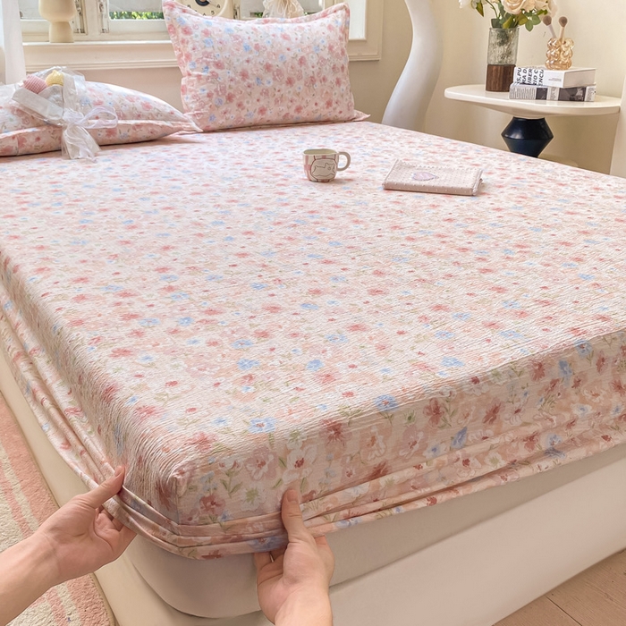 91家纺网 家纺一手货源 找家纺 丝芙妮家居（原乐视家纺） 2026新款A类皱皱纱亲肤木棉床笠-系列二粉黛