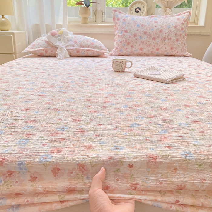 91家纺网 家纺一手货源 找家纺 丝芙妮家居（原乐视家纺） 2026新款A类皱皱纱亲肤木棉床笠-系列二粉黛