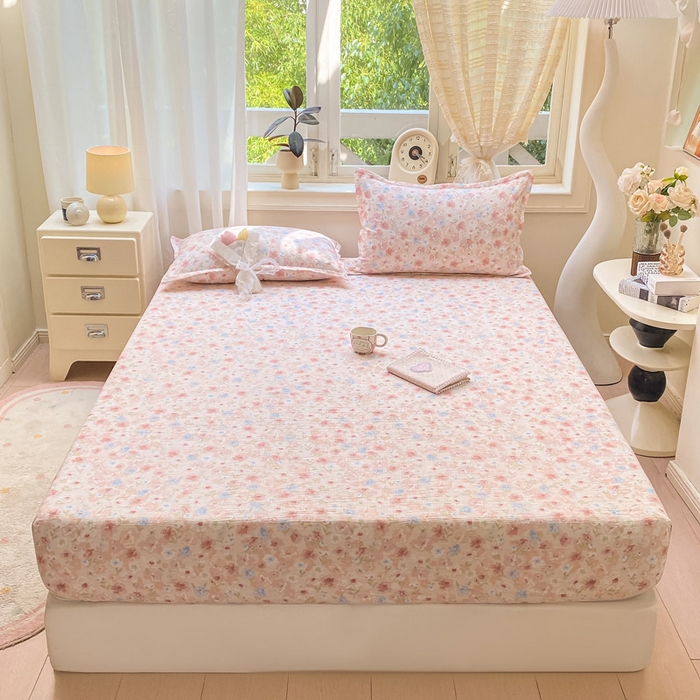 91家纺网 家纺一手货源 找家纺 丝芙妮家居（原乐视家纺） 2026新款A类皱皱纱亲肤木棉床笠-系列二粉黛