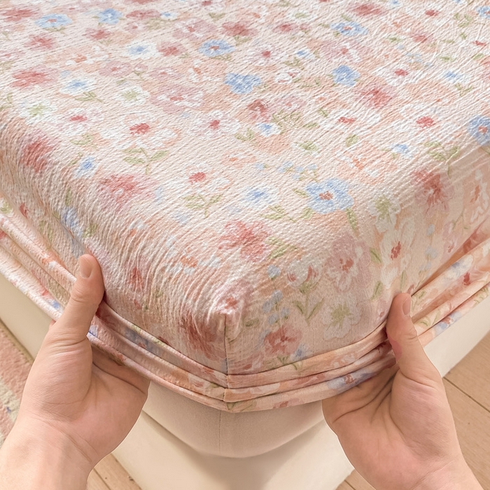 91家纺网 家纺一手货源 找家纺 丝芙妮家居（原乐视家纺） 2026新款A类皱皱纱亲肤木棉床笠-系列二粉黛