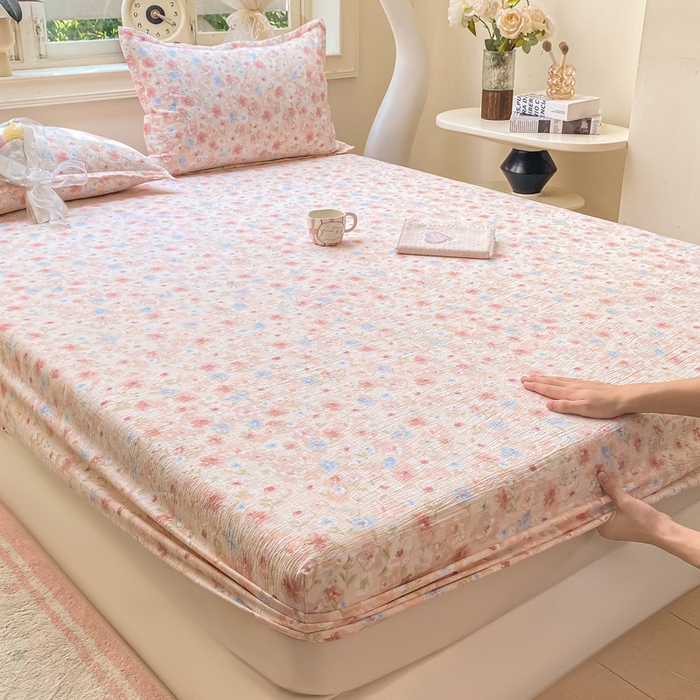 91家纺网 家纺一手货源 找家纺 丝芙妮家居（原乐视家纺） 2026新款A类皱皱纱亲肤木棉床笠-系列二粉黛