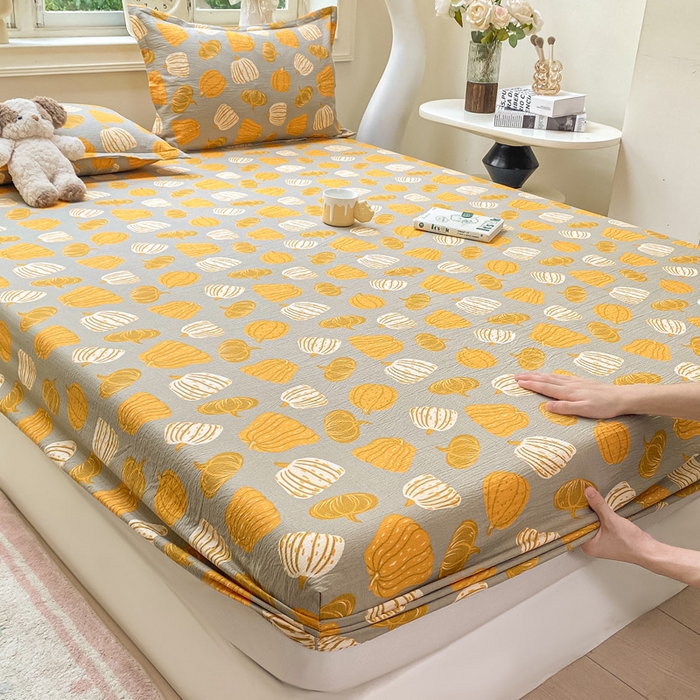 91家纺网 家纺一手货源 找家纺 丝芙妮家居（原乐视家纺） 2026新款A类皱皱纱亲肤木棉床笠-系列二福瓜-灰