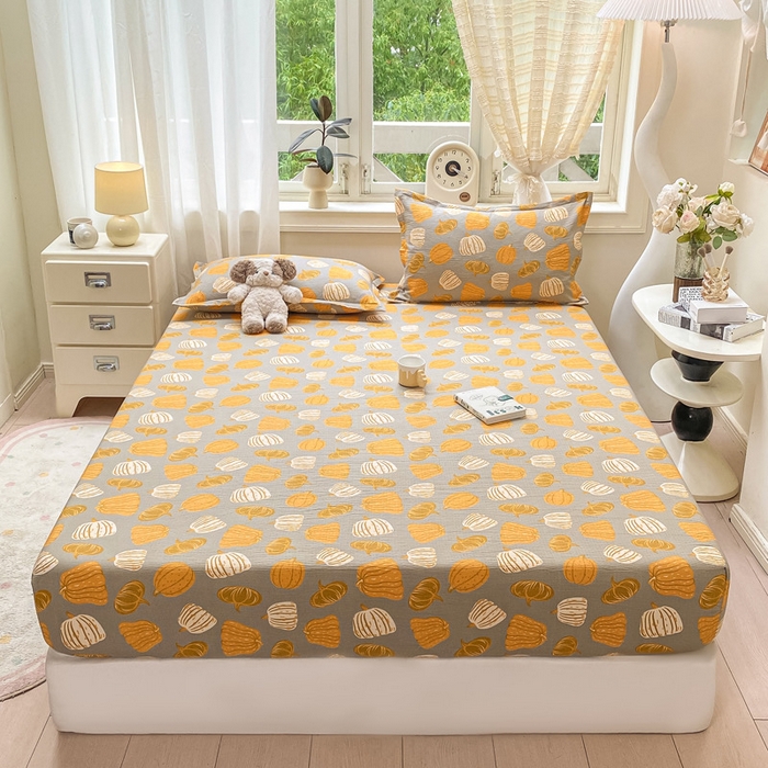 91家纺网 家纺一手货源 找家纺 丝芙妮家居（原乐视家纺） 2026新款A类皱皱纱亲肤木棉床笠-系列二福瓜-灰