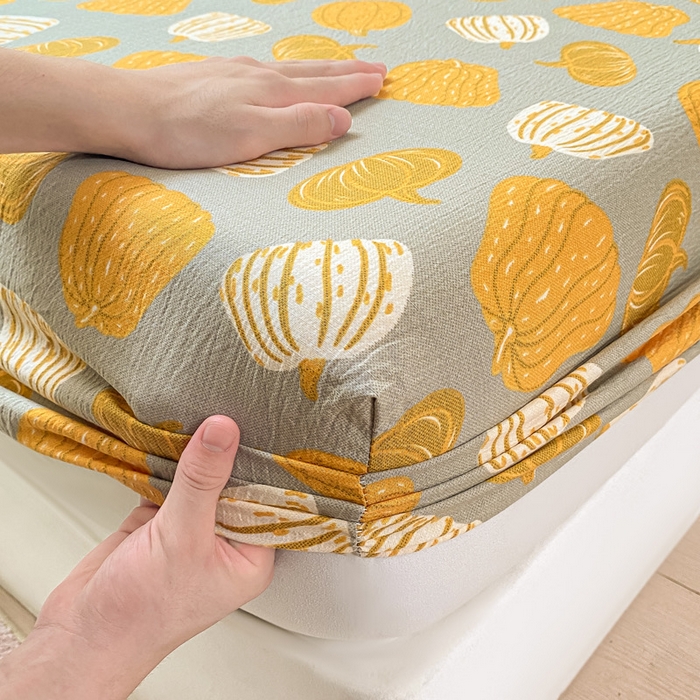 91家纺网 家纺一手货源 找家纺 丝芙妮家居（原乐视家纺） 2026新款A类皱皱纱亲肤木棉床笠-系列二福瓜-灰