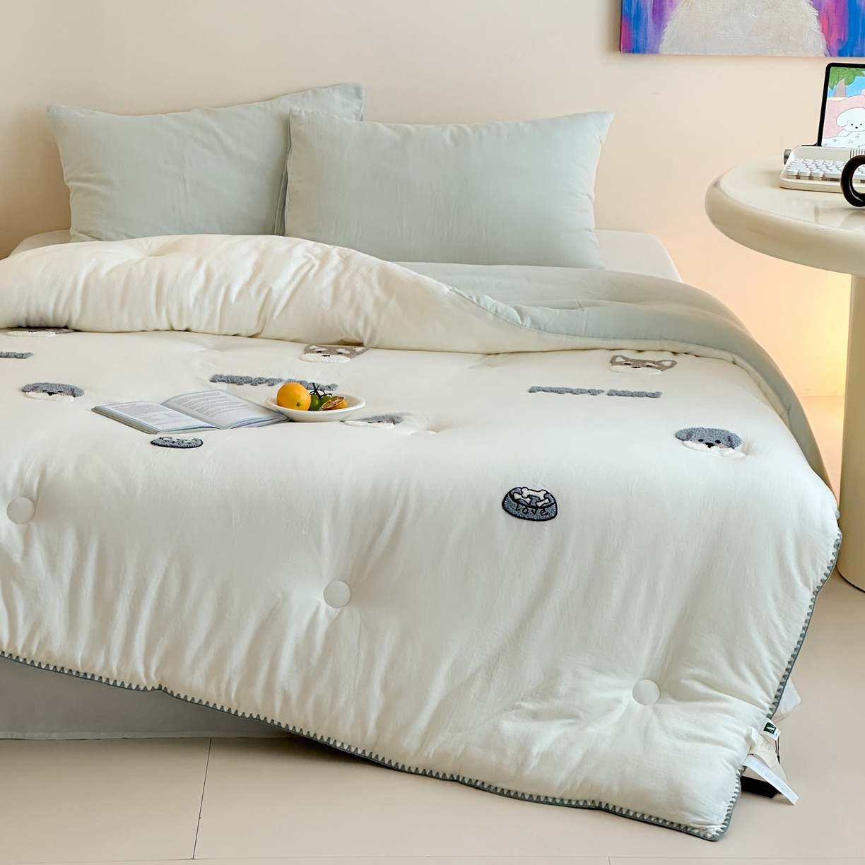 91家纺网 家纺一手货源 找家纺 （总）一加一 2025新款全棉双层皱皱纱毛巾绣抗菌大豆被芯