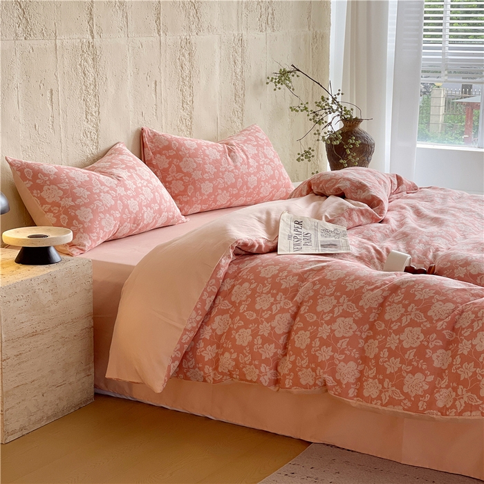 91家纺网 家纺一手货源 找家纺 佰亿莱 2026新款棉麻双层纱四件套 卡罗拉-粉