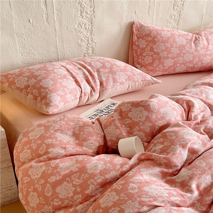 91家纺网 家纺一手货源 找家纺 佰亿莱 2026新款棉麻双层纱四件套 卡罗拉-粉