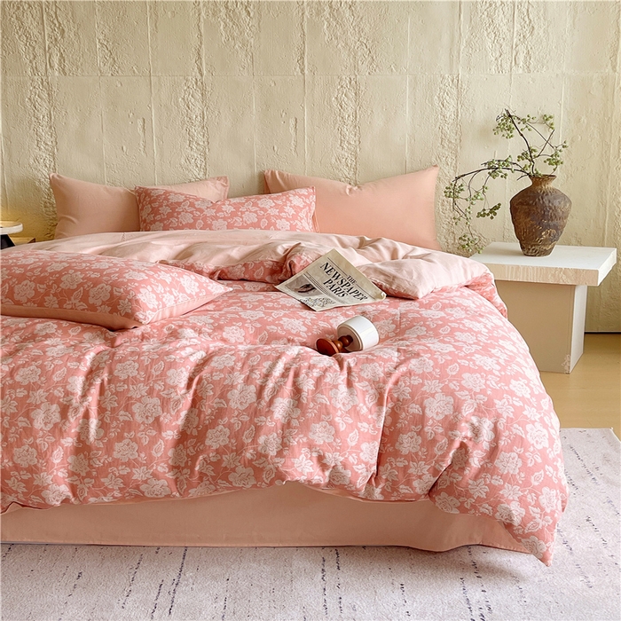 91家纺网 家纺一手货源 找家纺 佰亿莱 2026新款棉麻双层纱四件套 卡罗拉-粉