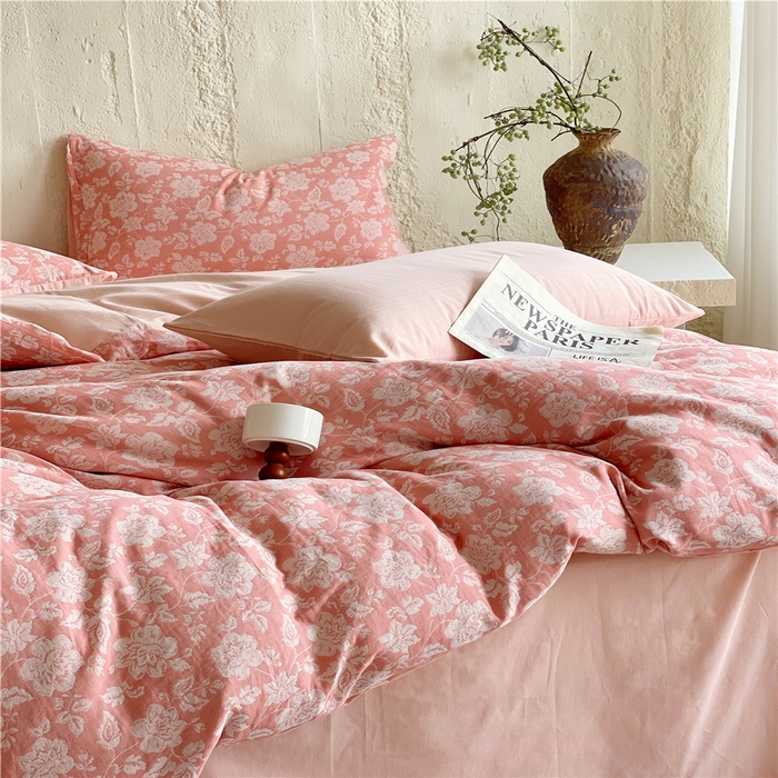 91家纺网 家纺一手货源 找家纺 佰亿莱 2026新款棉麻双层纱四件套 卡罗拉-粉