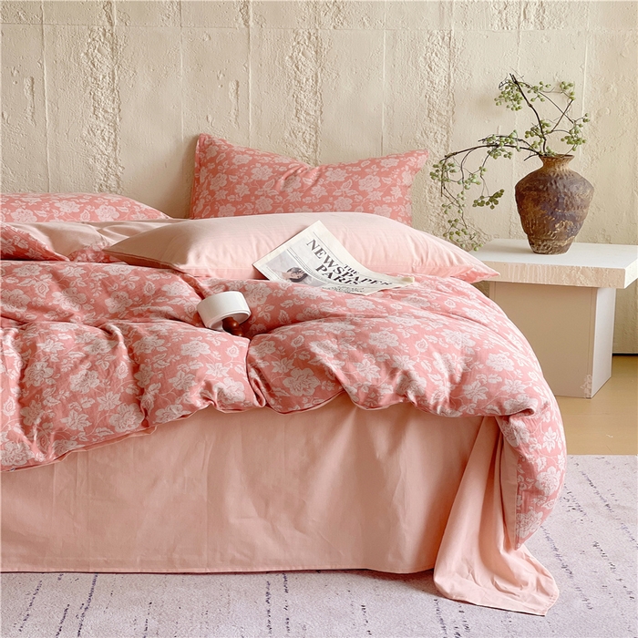 91家纺网 家纺一手货源 找家纺 佰亿莱 2026新款棉麻双层纱四件套 卡罗拉-粉