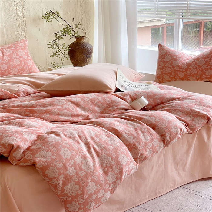 91家纺网 家纺一手货源 找家纺 佰亿莱 2026新款棉麻双层纱四件套 卡罗拉-粉