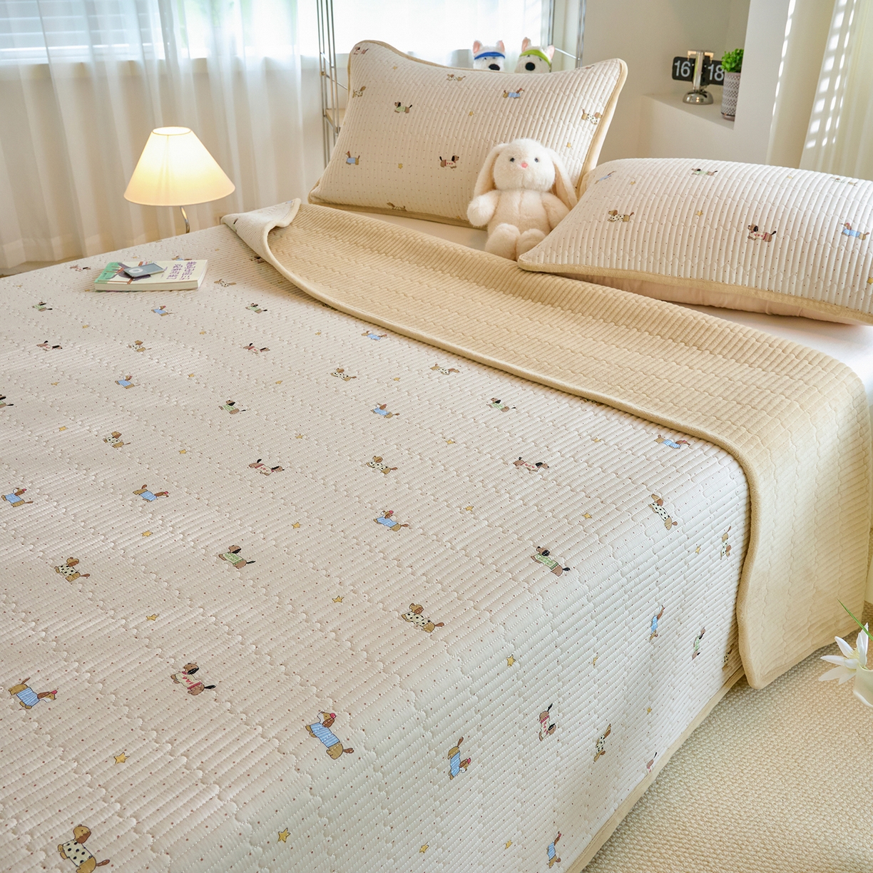 91家纺网 家纺一手货源 找家纺 X猫先生 2025新品棉加绒床盖一面全棉一面牛奶绒床盖炕盖加厚床单床垫四季款 星星柯基（A棉B绒）