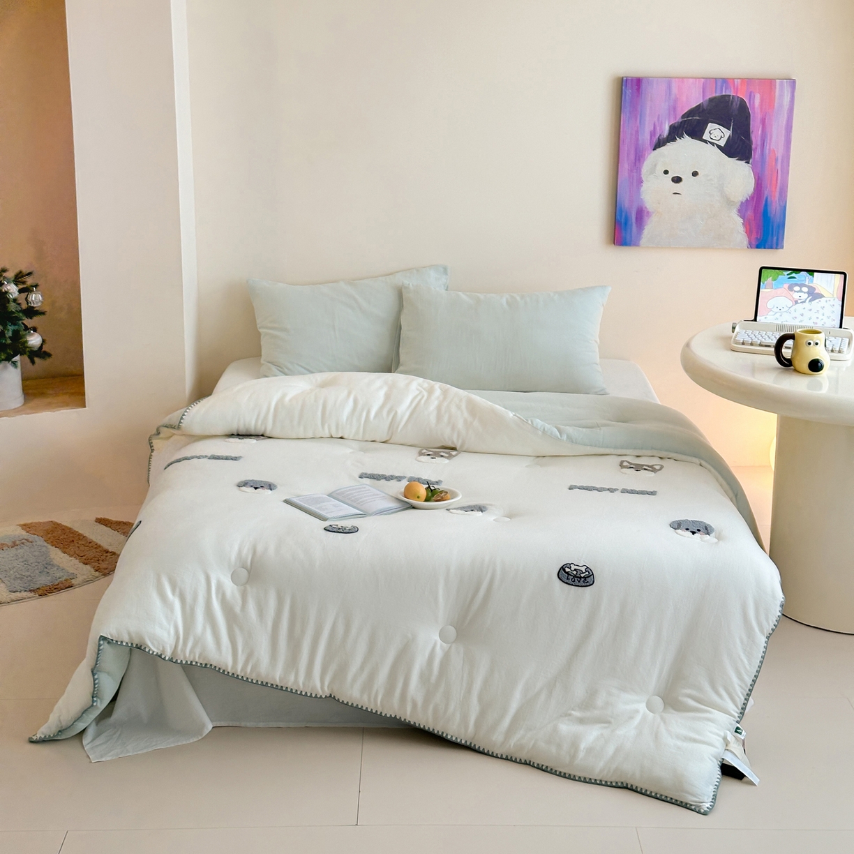 91家纺网 家纺一手货源 找家纺 一加一 2025新款全棉双层皱皱纱毛巾绣抗菌大豆被芯 快乐狗