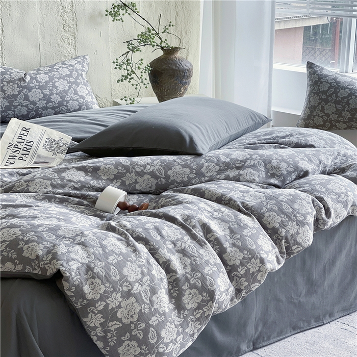 91家纺网 家纺一手货源 找家纺 佰亿莱 2026新款棉麻双层纱四件套 卡罗拉-灰