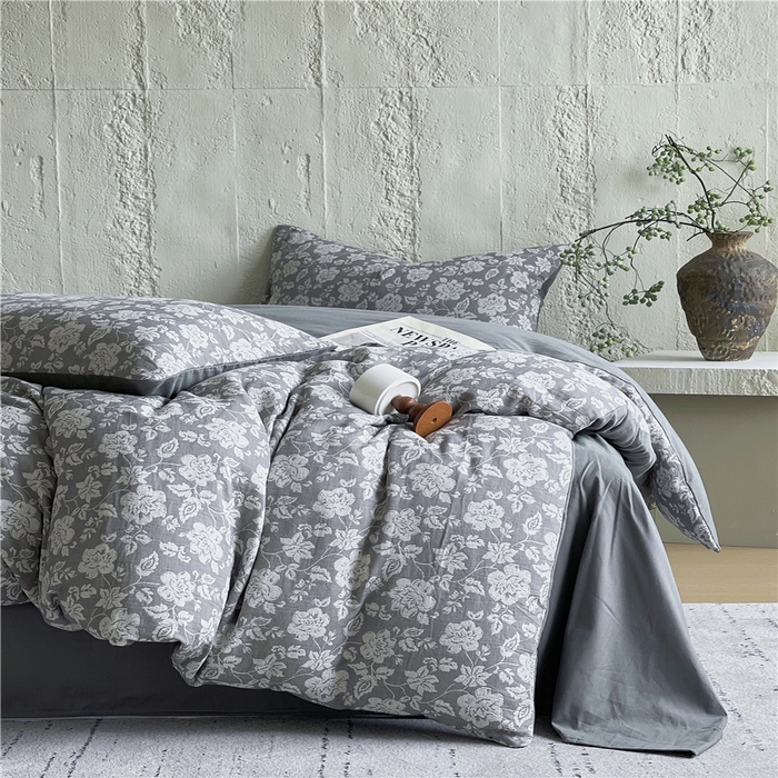 91家纺网 家纺一手货源 找家纺 佰亿莱 2026新款棉麻双层纱四件套 卡罗拉-灰