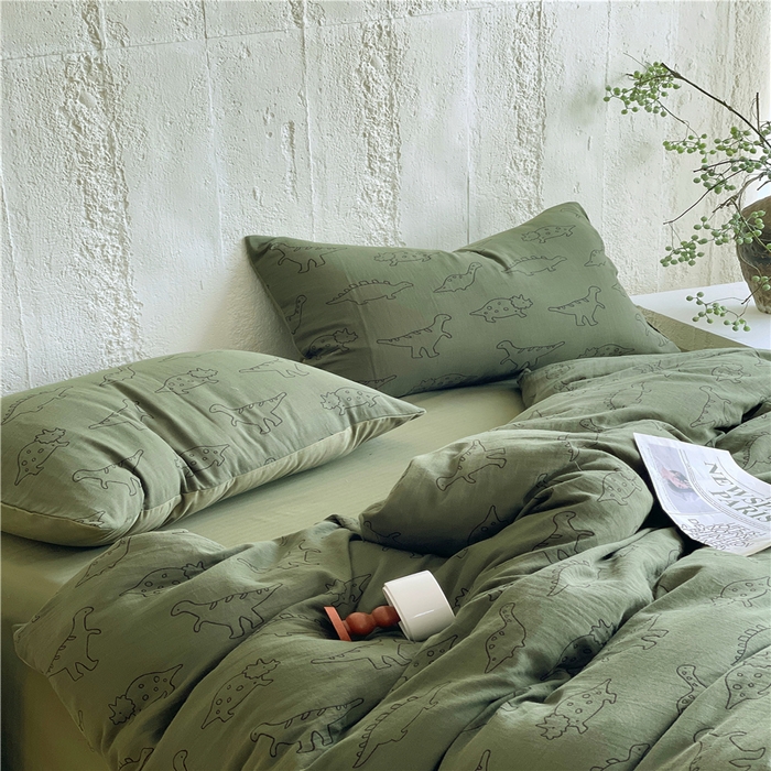 91家纺网 家纺一手货源 找家纺 佰亿莱 2026新款棉麻双层纱四件套 恐龙-绿