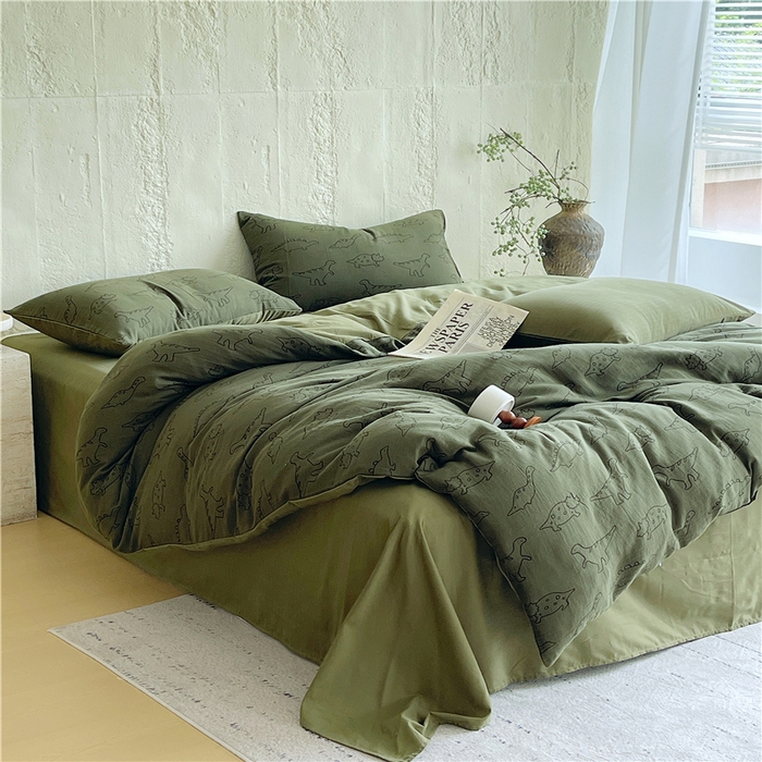 91家纺网 家纺一手货源 找家纺 佰亿莱 2026新款棉麻双层纱四件套 恐龙-绿