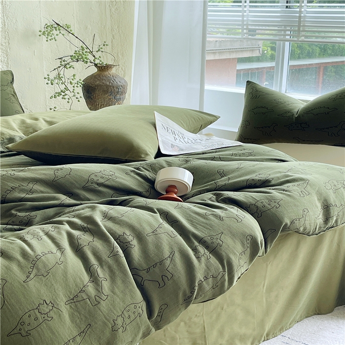 91家纺网 家纺一手货源 找家纺 佰亿莱 2026新款棉麻双层纱四件套 恐龙-绿