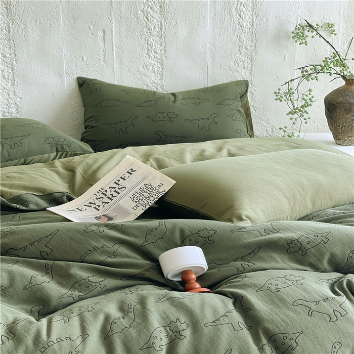 91家纺网 家纺一手货源 找家纺 佰亿莱 2026新款棉麻双层纱四件套 恐龙-绿