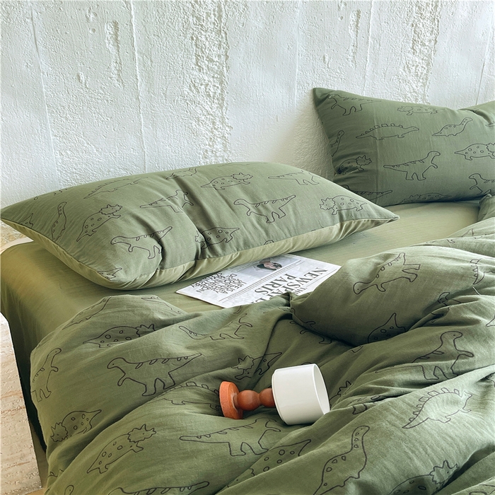 91家纺网 家纺一手货源 找家纺 佰亿莱 2026新款棉麻双层纱四件套 恐龙-绿