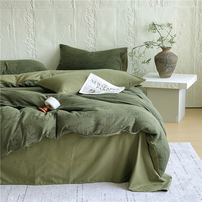 91家纺网 家纺一手货源 找家纺 佰亿莱 2026新款棉麻双层纱四件套 恐龙-绿