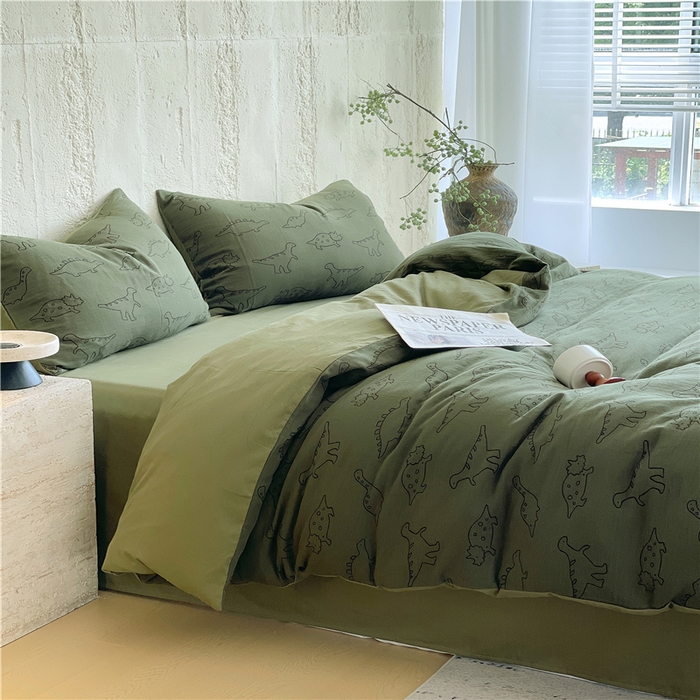 91家纺网 家纺一手货源 找家纺 佰亿莱 2026新款棉麻双层纱四件套 恐龙-绿